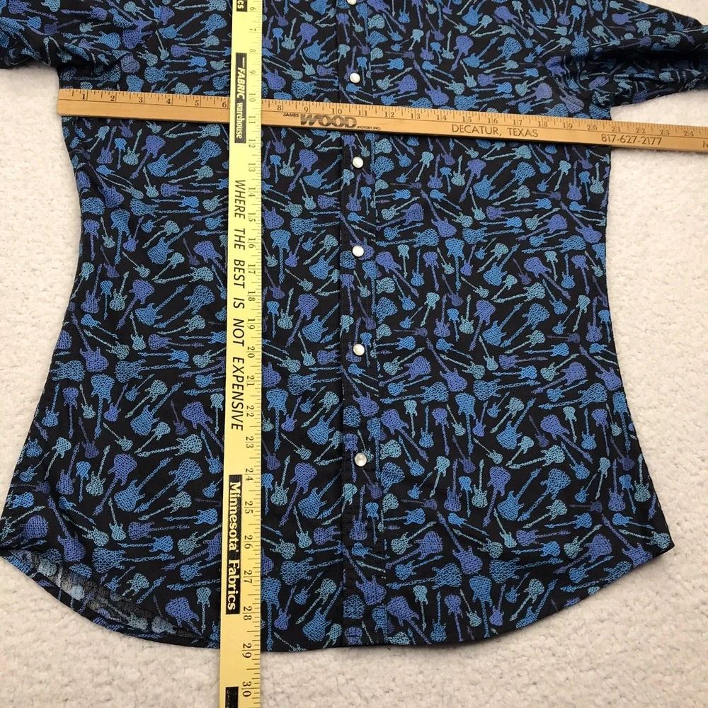 VTG Cremieux Premium Button Shirt Mens SMALL Guitars Black Blue Short Sleeve Y2K